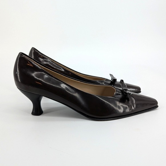 Salvatore Ferragamo Dark Brown Leather Bow Kitten Heel Pumps 7.5 B Italy - Picture 3 of 9